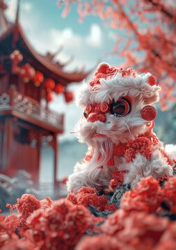 中國園林紅花間的紅白獅子石雕