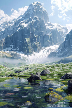 雪山下的湖泊和綠草地
