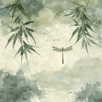 綠色大自然水彩畫，有蜻蜓和竹葉