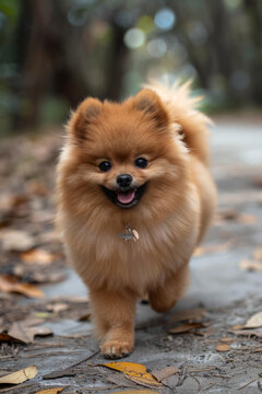 一只蓬松的棕色博美犬在樹林里散步