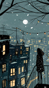 夜幕降臨雪景下的城市