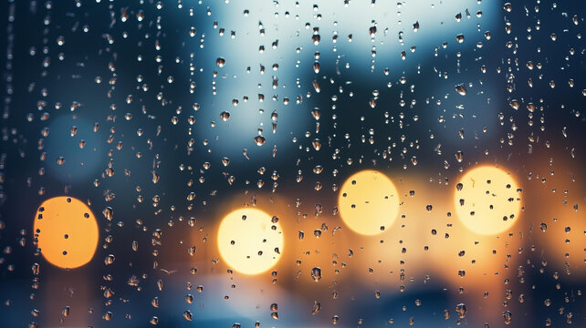 雨滴落在窗戶上背景是模糊的城市燈光