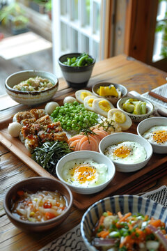 日式料理，雞蛋和蔬菜