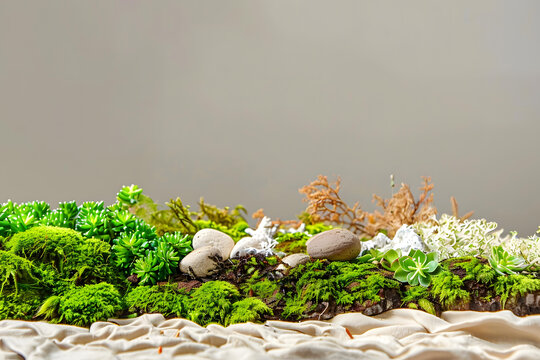 白色布料上的綠色苔蘚和石頭，灰色背景