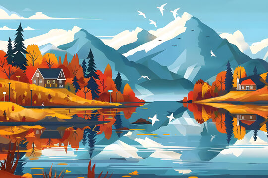 秋日山湖倒影風(fēng)景