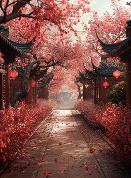中國(guó)庭院紅燈籠粉櫻花