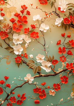 日式風(fēng)格紅白櫻花綠葉圖案
