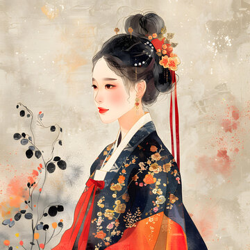 一個穿著韓國傳統(tǒng)服飾的年輕女子的數(shù)碼繪畫，她的頭發(fā)和妝容都很漂亮