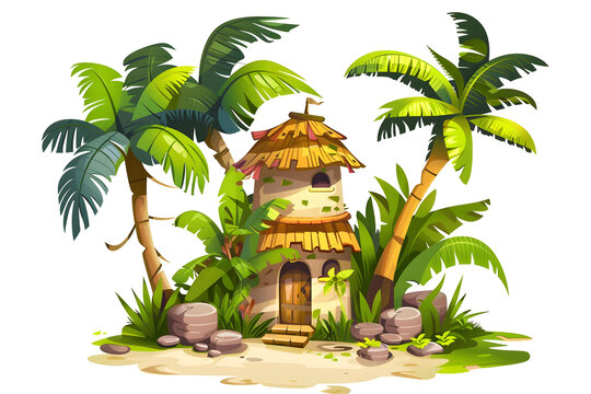 熱帶島嶼小屋與棕櫚樹