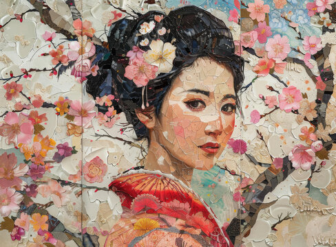一個(gè)年輕的日本女人的肖像，她的頭發(fā)上插著花，穿著紅色的和服