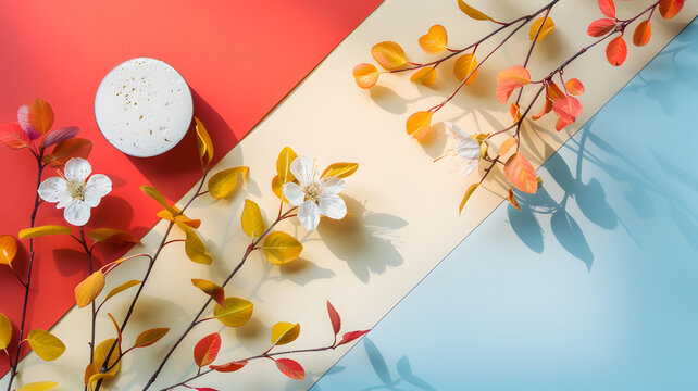 彩色背景上簡(jiǎn)約的春季花卉樹(shù)枝與白色圓形