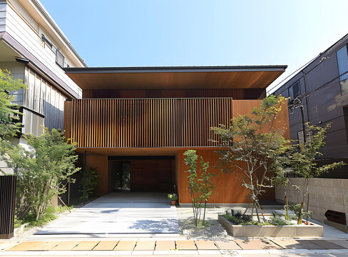 現(xiàn)代木質(zhì)外墻住宅建筑與花園