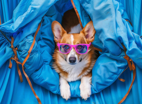 一只穿著太陽鏡的柯基犬在藍色吊床里玩耍嬉戲