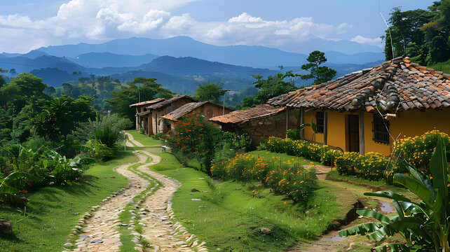 在山區(qū)鄉(xiāng)村中用石頭建造的房屋，背景是壯麗的山景