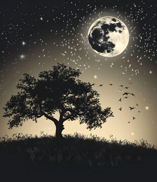 夜晚星空下樹(shù)的剪影