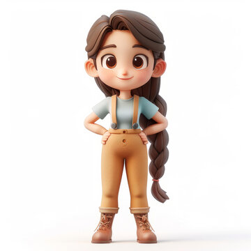 快樂的棕色長發(fā)女孩穿著藍(lán)色襯衫和棕色褲子