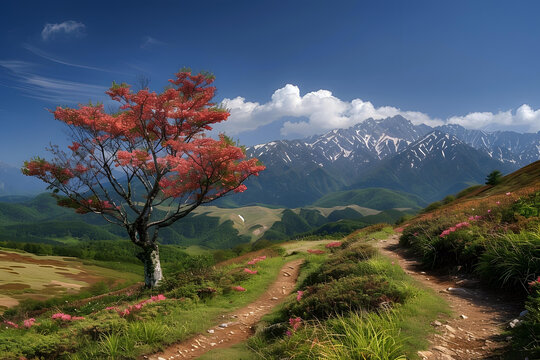 漫山遍野的紅色花朵將山峰染成了紅色