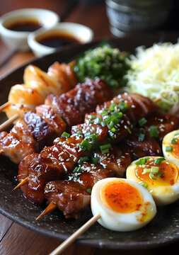 日式照燒雞肉串配雞蛋和卷心菜沙拉