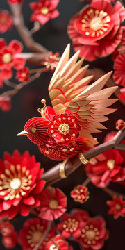一只紅色的剪紙鳥停在樹枝上，樹枝上還有紅色的剪紙花朵