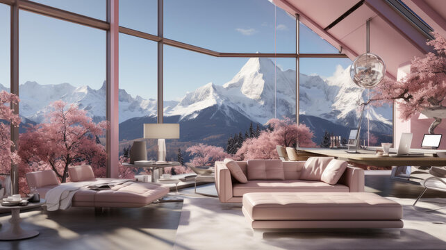 粉色的現(xiàn)代住宅內(nèi)部山景