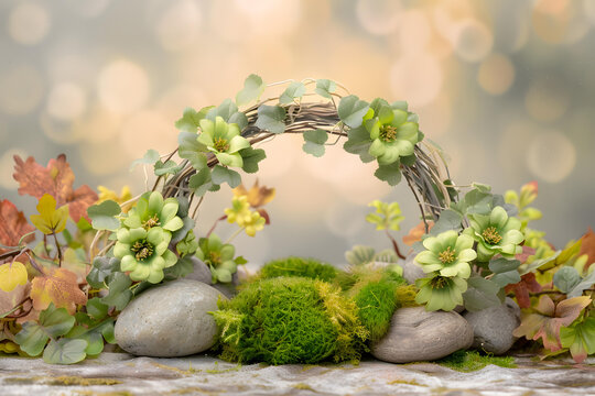 綠葉花環(huán)，苔蘚和石頭