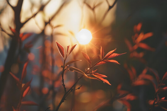 夕陽西下，陽光透過樹葉