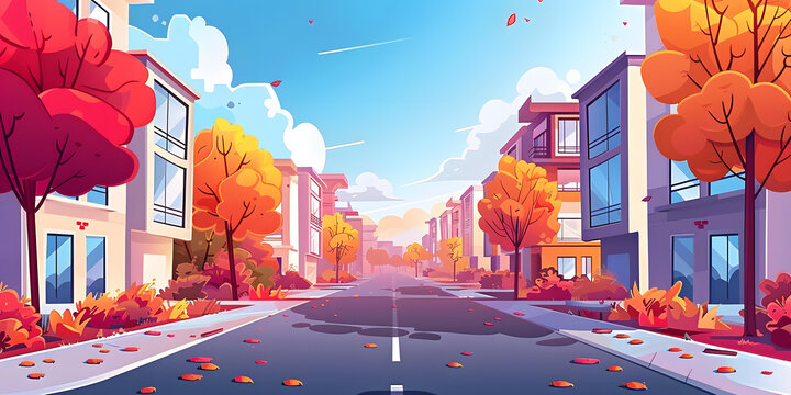 秋天街道景觀，多彩樹木和建筑