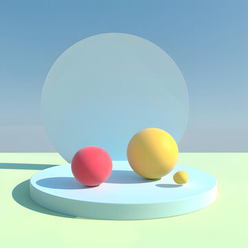 彩色球體和圓形在綠色背景上的抽象極簡3D渲染
