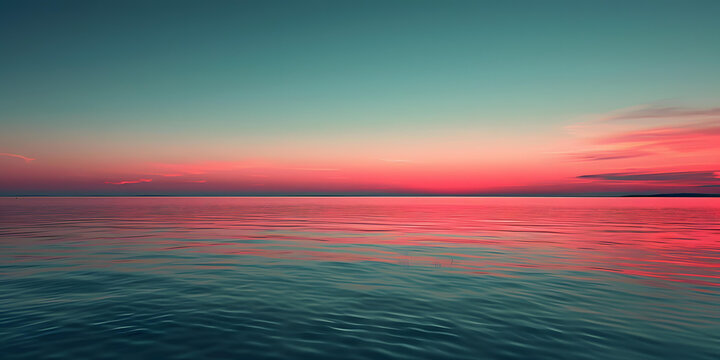 平靜的海面上，粉紅色的夕陽天空