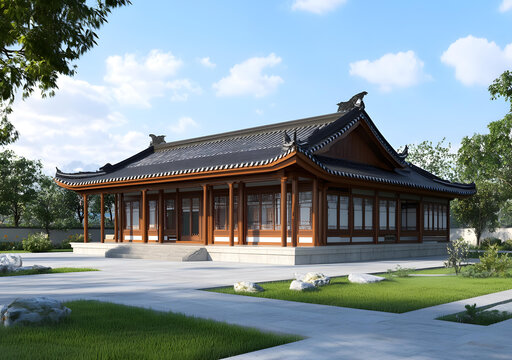 傳統(tǒng)中式建筑設(shè)計，木結(jié)構(gòu)房屋，弧形屋頂，庭院景觀