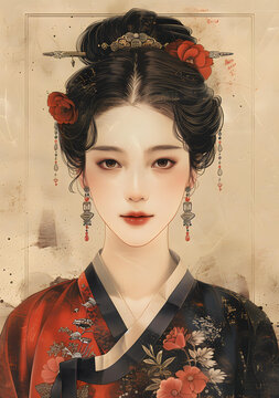 身穿紅黑韓服的年輕女子數(shù)碼繪畫