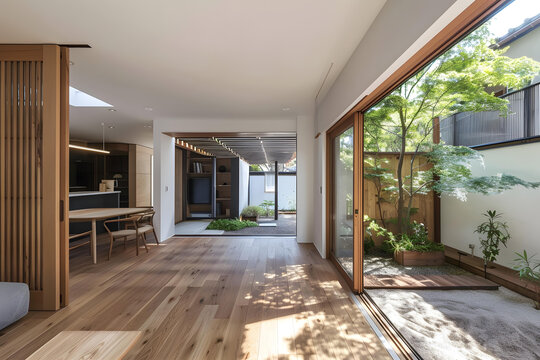 日式現(xiàn)代住宅室內(nèi)設(shè)計(jì)，木地板，花園景觀