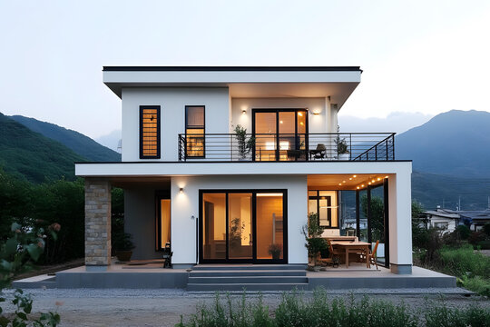 帶陽(yáng)臺(tái)和山景的現(xiàn)代白色住宅