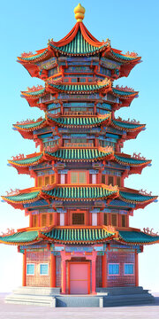 傳統(tǒng)中國建筑風(fēng)格的彩繪寶塔