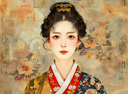 身穿韓國(guó)傳統(tǒng)服飾的年輕女子肖像