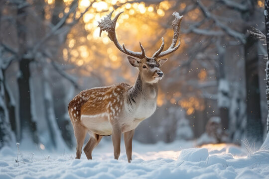 一只雄鹿站在白雪皚皚的森林里