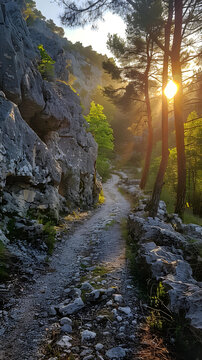 金色夕陽下的山間小路