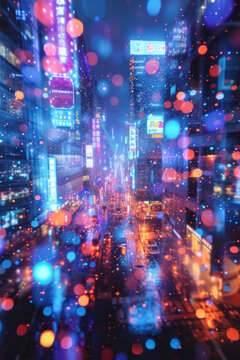 雨夜都市的摩天大樓和多彩燈光