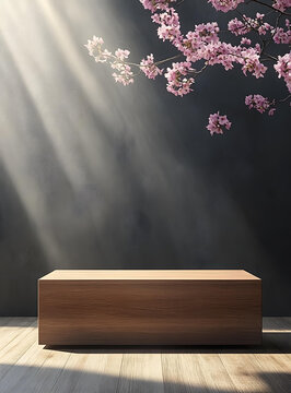 木質(zhì)平臺(tái)櫻花樹枝陽光背景