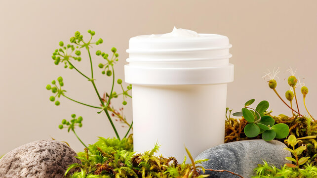 白色乳霜罐綠色植物和巖石背景