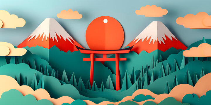 紙藝風(fēng)格的日本富士山和鳥(niǎo)居門(mén)