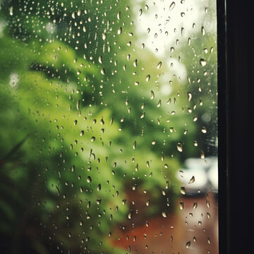 雨滴在窗戶玻璃上的特寫