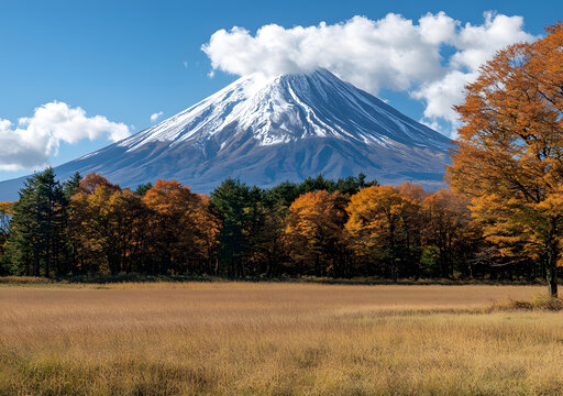 富士山秋景：雪峰、紅葉與草原