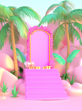 粉色熱帶3D背景樓梯和棕櫚樹