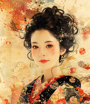 身穿和服、發(fā)髻梳著日本傳統(tǒng)發(fā)型的年輕女子插圖
