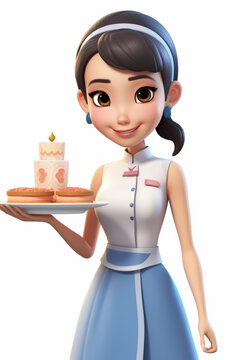 一個(gè)一個(gè)年輕的女服務(wù)員端著一盤糕點(diǎn)
