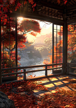木制涼亭紅葉秋景