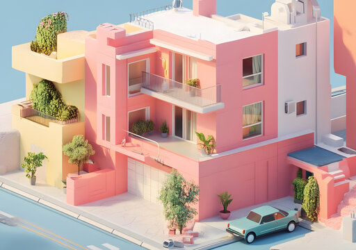 粉紅色和黃色的建筑物，帶陽臺和汽車的 3D 風格
