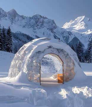 一個被雪覆蓋的測地穹頂坐落在雪山中