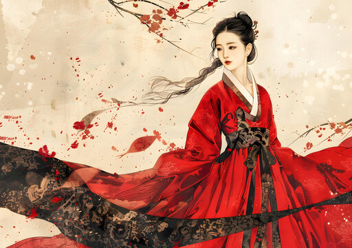 身穿紅色漢服的女子